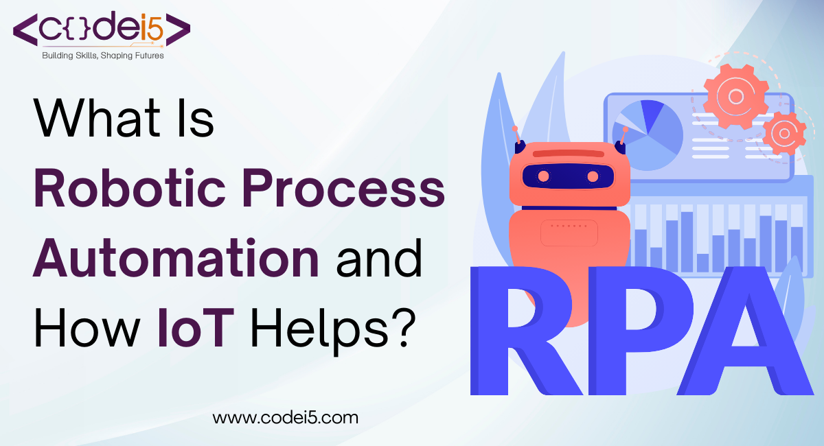 What Is Robotic Process Automation and How IoT Helps? A digital illustration of a robot with analytics and gears, representing the role of IoT in Robotic Process Automation (RPA) for smarter automation.