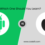 Android vs iOS App Development – A comparison featuring the Android logo on a green background and the Apple logo on a gray background, with 'Which One Should You Learn?' text and Codei5 Academy branding.