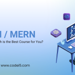 MEAN / MERN Stack – Which is the Best Course for You? A professional 3D illustration of a developer working on a computer, surrounded by coding and technology icons. The image represents full-stack development training by Codei5 Academy.