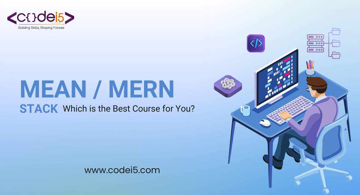 MEAN / MERN Stack – Which is the Best Course for You? A professional 3D illustration of a developer working on a computer, surrounded by coding and technology icons. The image represents full-stack development training by Codei5 Academy.