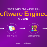 Poster titled 'How to Start Your Career as a Software Engineer in 2025?' with steps including: Learn the Basics, Build Projects, Get Experience, Apply & Network. Website URL: www.codei5.com.