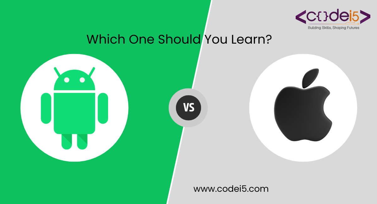 Android vs iOS App Development – A comparison featuring the Android logo on a green background and the Apple logo on a gray background, with 'Which One Should You Learn?' text and Codei5 Academy branding.