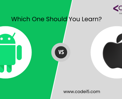 Android vs iOS App Development – A comparison featuring the Android logo on a green background and the Apple logo on a gray background, with 'Which One Should You Learn?' text and Codei5 Academy branding.