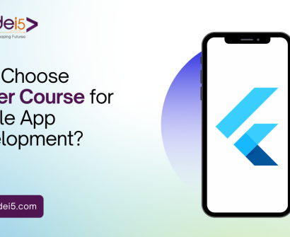 Why Choose Flutter Course for Mobile App Development – Codei5 Academy poster with Flutter logo on smartphone and website URL www.codei5.com