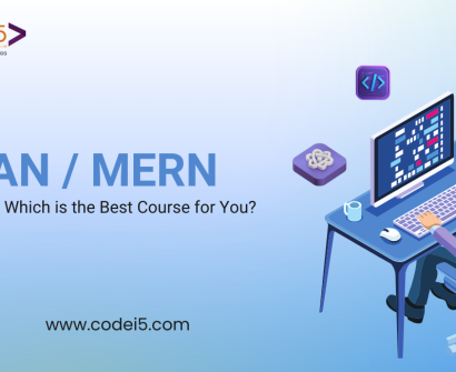 MEAN / MERN Stack – Which is the Best Course for You? A professional 3D illustration of a developer working on a computer, surrounded by coding and technology icons. The image represents full-stack development training by Codei5 Academy.