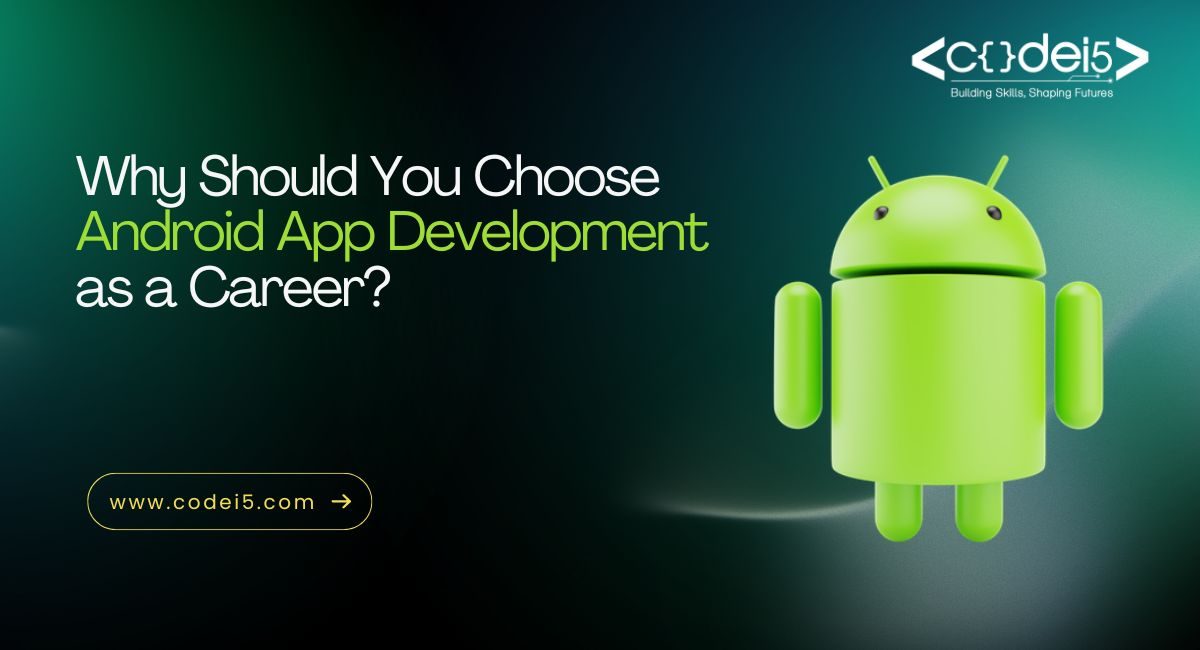 A promotional poster titled 'Why Should You Choose Android App Development as a Career?' featuring Android and coding-themed graphics, with the website URL www.codei5.com.